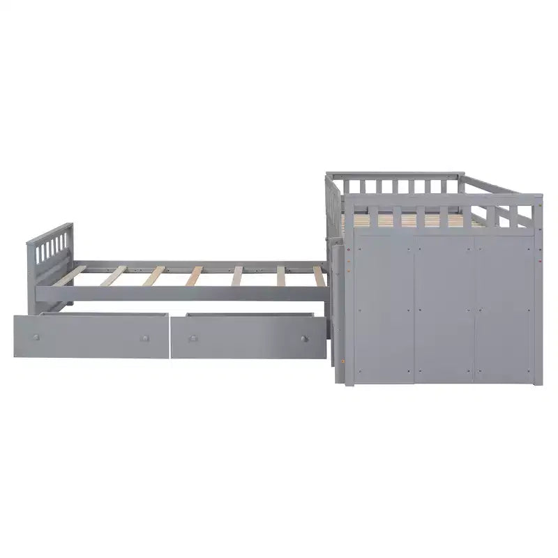 Grigio/Bianco, Letto a Soppalco Gemello a L e Letto a Piattaforma Gemello con 7 Cassetti, per 2 Bambini