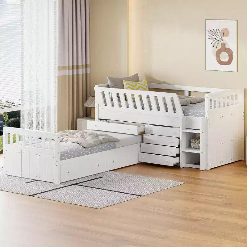 Grigio/Bianco, Letto a Soppalco Gemello a L e Letto a Piattaforma Gemello con 7 Cassetti, per 2 Bambini
