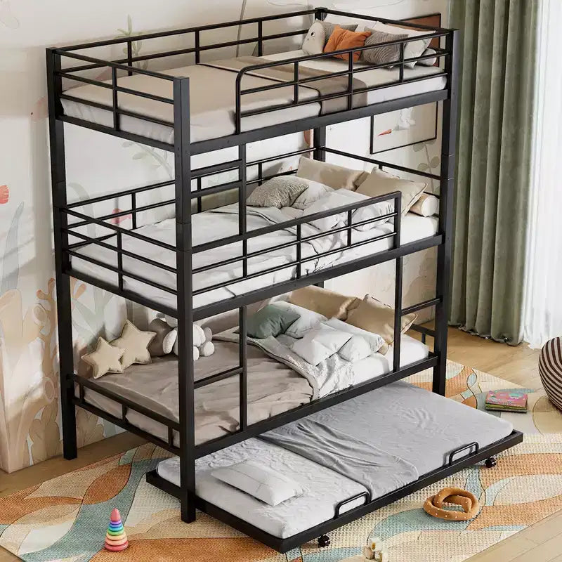 Letto a castello triplo in acciaio antico nero / antico bianco, tre letti singoli, per 3 persone