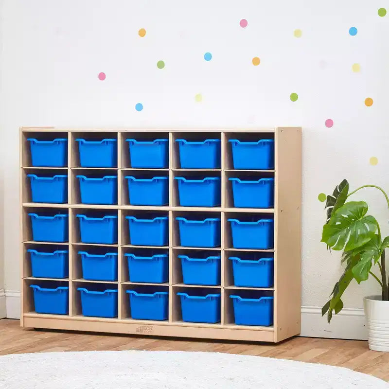 Mobiletto contenitore a 25 scomparti con cassetti estraibili, 5×5 – Blu / Trasparente / Contemporaneo / Tonalità terra