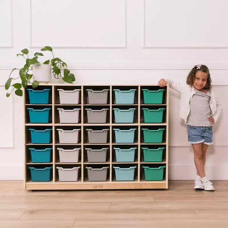 Mobiletto contenitore a 25 scomparti con cassetti estraibili, 5×5 – Blu / Trasparente / Contemporaneo / Tonalità terra