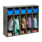 Armadietto da asilo per cappotti a 5 scomparti, assortito/blu/trasparente/contemporaneo/toni della terra, con scomparti anteriori a paletta
