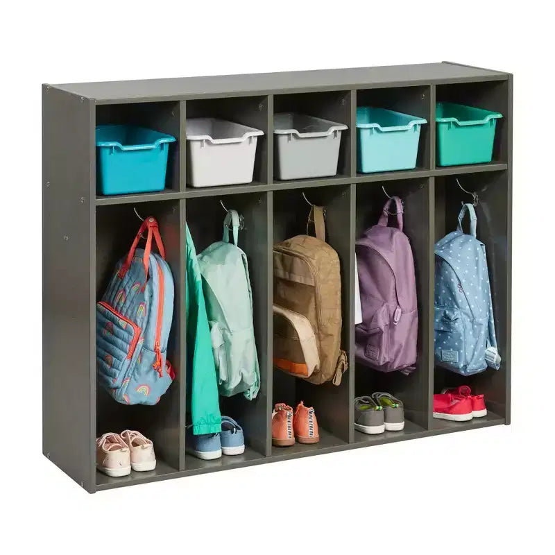 Armadietto da asilo per cappotti a 5 scomparti, assortito/blu/trasparente/contemporaneo/toni della terra, con scomparti anteriori a paletta