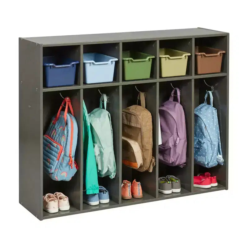 Armadietto da asilo per cappotti a 5 scomparti, assortito/blu/trasparente/contemporaneo/toni della terra, con scomparti anteriori a paletta