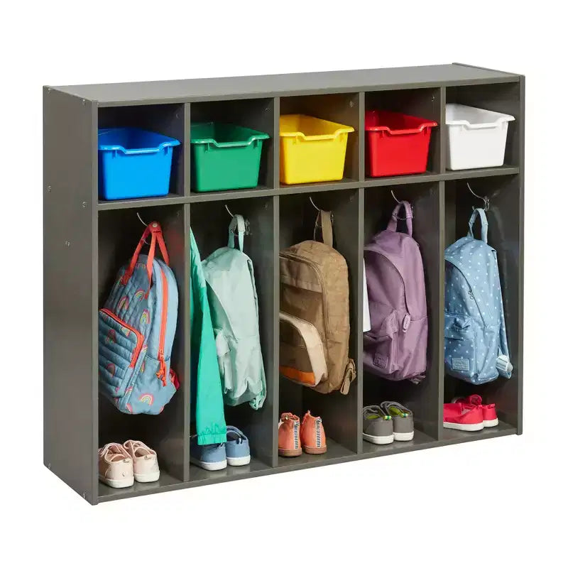 Armadietto da asilo per cappotti a 5 scomparti, assortito/blu/trasparente/contemporaneo/toni della terra, con scomparti anteriori a paletta