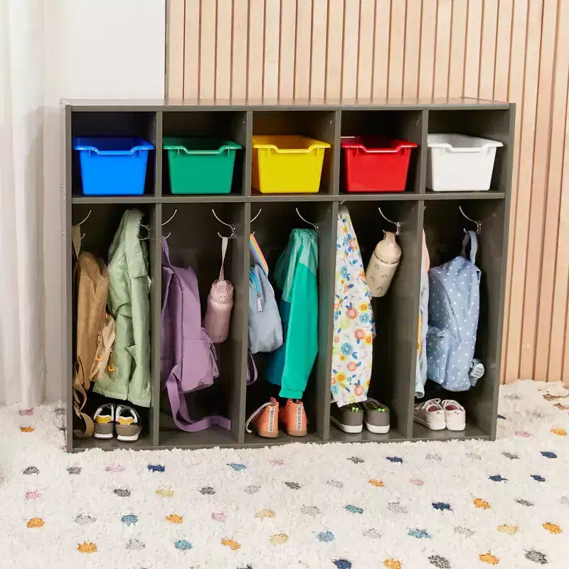 Armadietto da asilo per cappotti a 5 scomparti, assortito/blu/trasparente/contemporaneo/toni della terra, con scomparti anteriori a paletta