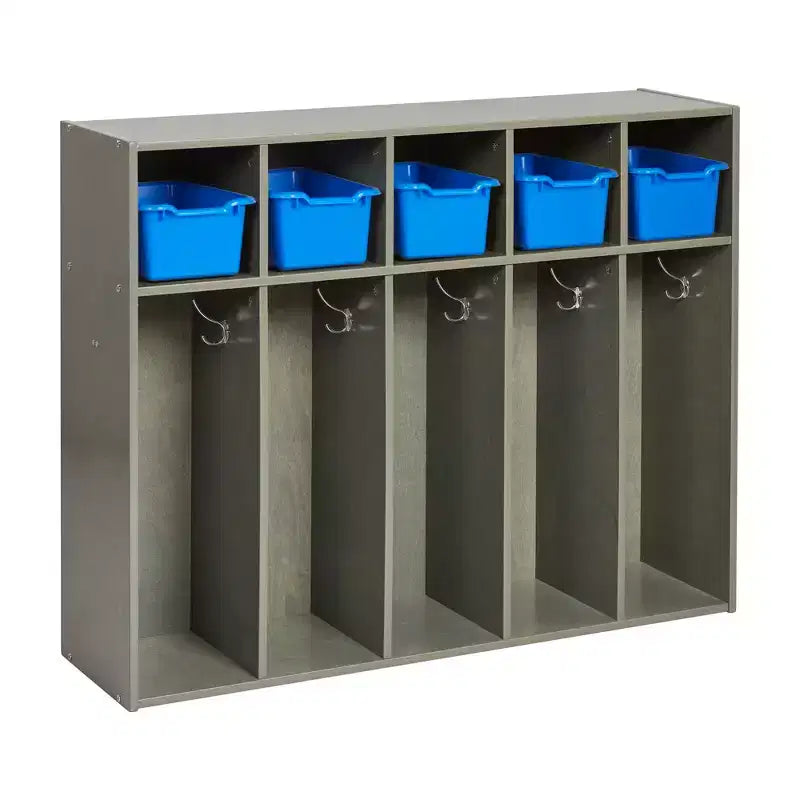 Armadietto da asilo per cappotti a 5 scomparti, assortito/blu/trasparente/contemporaneo/toni della terra, con scomparti anteriori a paletta