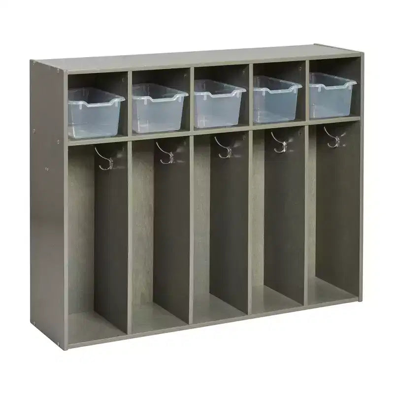Armadietto da asilo per cappotti a 5 scomparti, assortito/blu/trasparente/contemporaneo/toni della terra, con scomparti anteriori a paletta