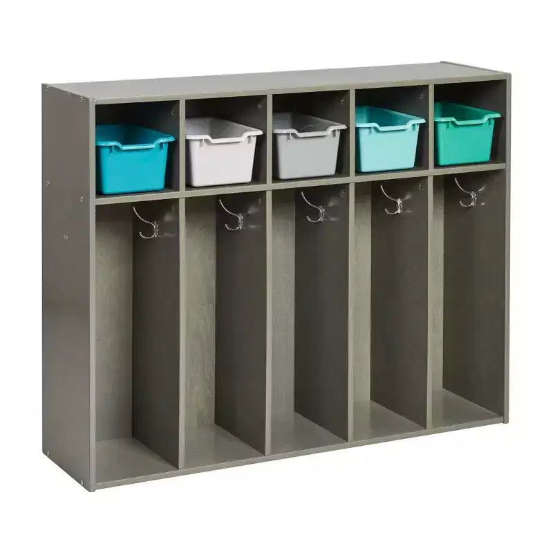 Armadietto da asilo per cappotti a 5 scomparti, assortito/blu/trasparente/contemporaneo/toni della terra, con scomparti anteriori a paletta
