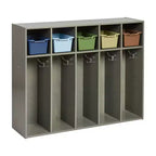 Armadietto da asilo per cappotti a 5 scomparti, assortito/blu/trasparente/contemporaneo/toni della terra, con scomparti anteriori a paletta