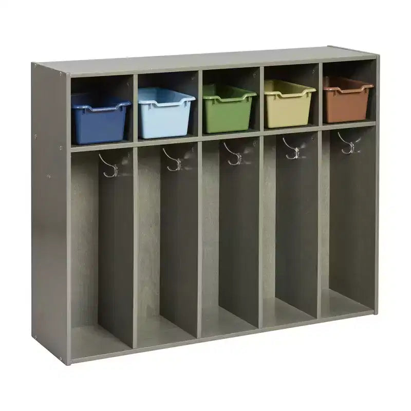 Armadietto da asilo per cappotti a 5 scomparti, assortito/blu/trasparente/contemporaneo/toni della terra, con scomparti anteriori a paletta