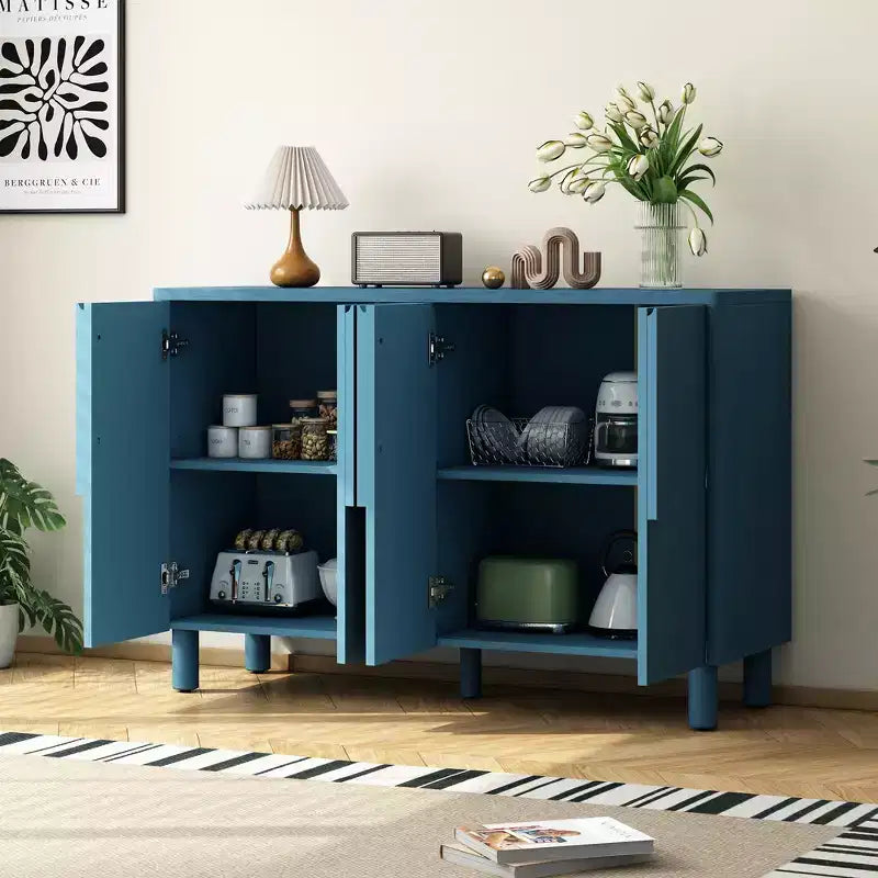 Credenza Buffet a 4 Ante in Legno Naturale, Ripiani Regolabili, Maniglie ad Arco