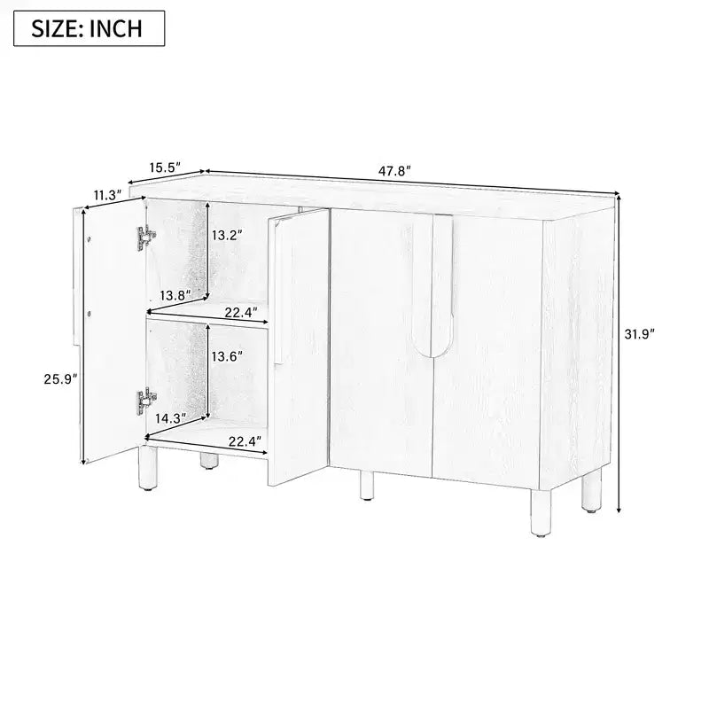 Credenza Buffet a 4 Ante in Legno Naturale, Ripiani Regolabili, Maniglie ad Arco
