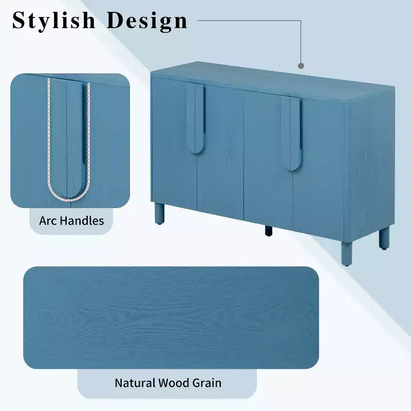Credenza Buffet a 4 Ante in Legno Naturale, Ripiani Regolabili, Maniglie ad Arco