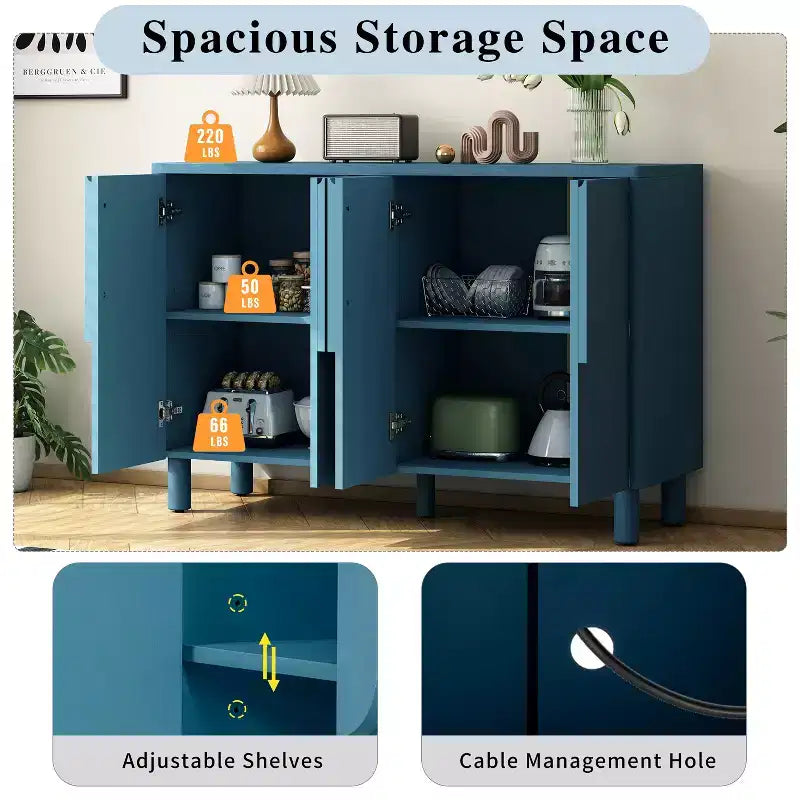 Credenza Buffet a 4 Ante in Legno Naturale, Ripiani Regolabili, Maniglie ad Arco