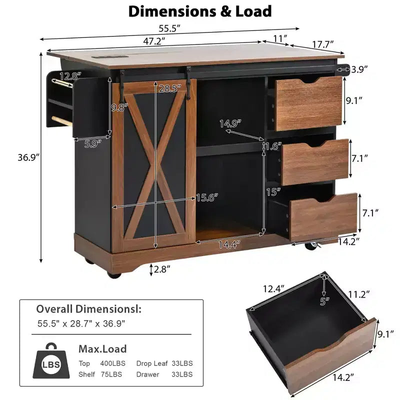 Isola da cucina a carrello da fattoria bianca/nera con anta scorrevole a serrandina e anta a ribalta - Carrello su ruote per 1, 141 cm L