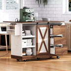 Isola da cucina a carrello da fattoria bianca/nera con anta scorrevole a serrandina e anta a ribalta - Carrello su ruote per 1, 141 cm L