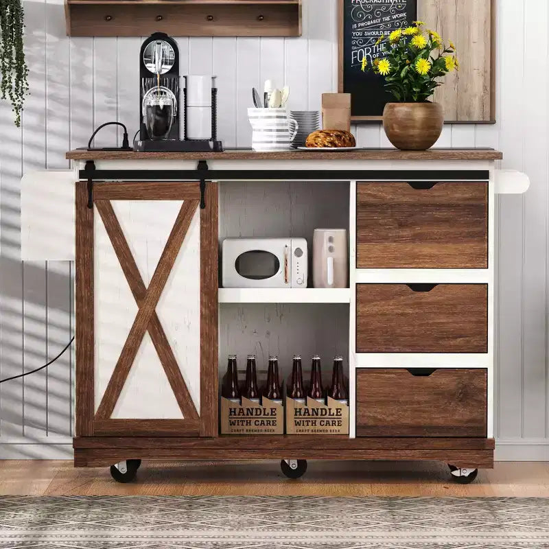 Isola da cucina a carrello da fattoria bianca/nera con anta scorrevole a serrandina e anta a ribalta - Carrello su ruote per 1, 141 cm L