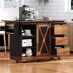 Isola da cucina a carrello da fattoria bianca/nera con anta scorrevole a serrandina e anta a ribalta - Carrello su ruote per 1, 141 cm L