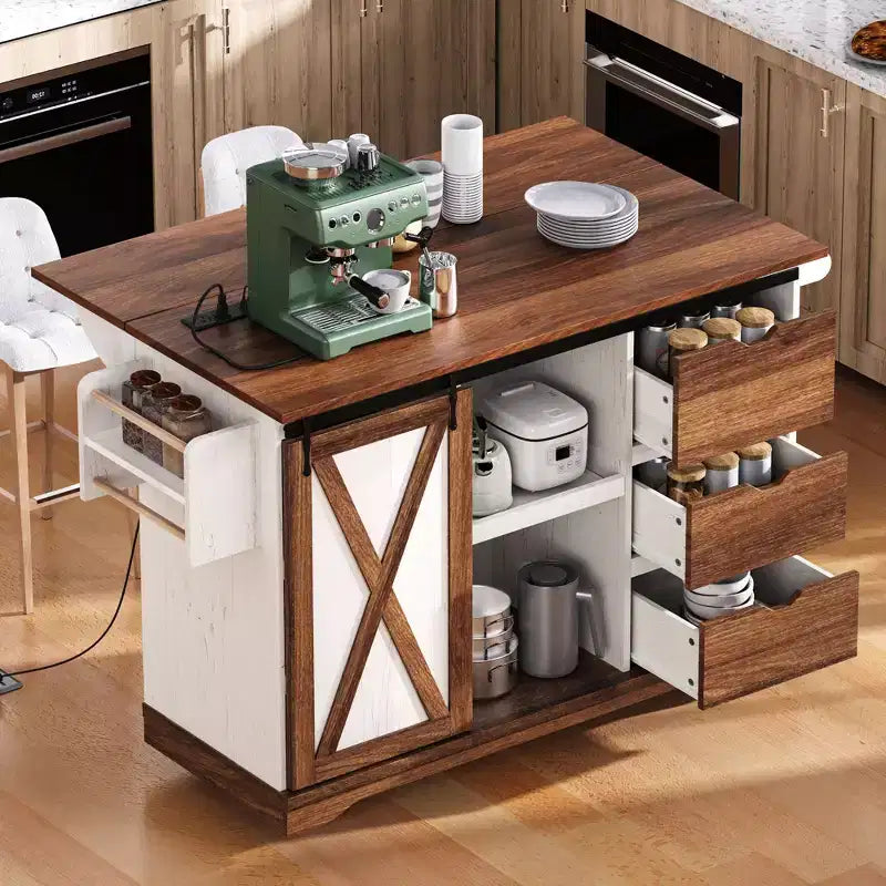 Isola da cucina a carrello da fattoria bianca/nera con anta scorrevole a serrandina e anta a ribalta - Carrello su ruote per 1, 141 cm L