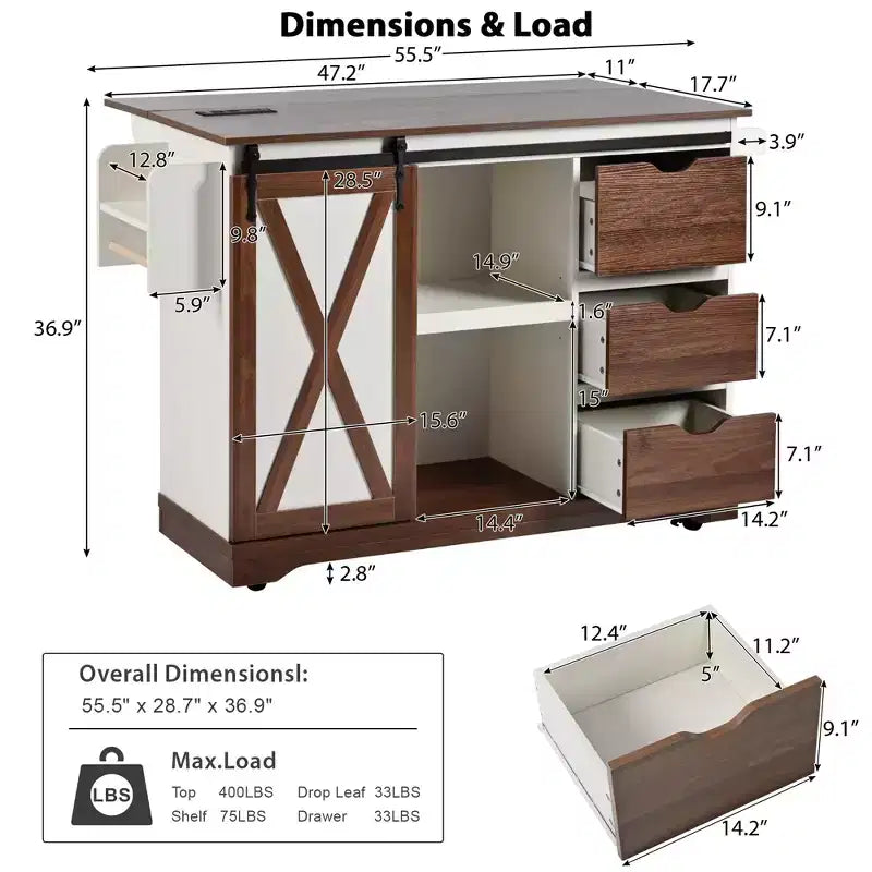 Isola da cucina a carrello da fattoria bianca/nera con anta scorrevole a serrandina e anta a ribalta - Carrello su ruote per 1, 141 cm L