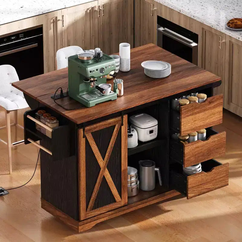 Isola da cucina a carrello da fattoria bianca/nera con anta scorrevole a serrandina e anta a ribalta - Carrello su ruote per 1, 141 cm L