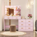 GustoWave 61 Make up Vanity Desk with Mirror and Lights, Pink Vanity with 8 Wide Storage Drawers, 3 Lighting Modes with Adjustable Brightness