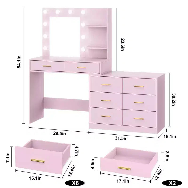 Toeletta rosa con specchio illuminato, 8 cassetti, per utente singolo