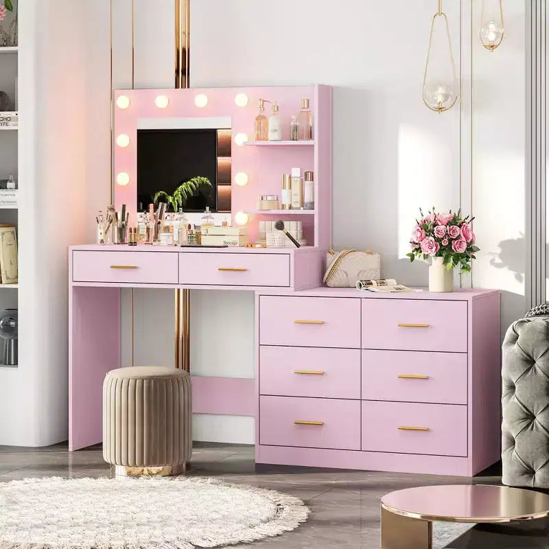 Toeletta rosa con specchio illuminato, 8 cassetti, per utente singolo
