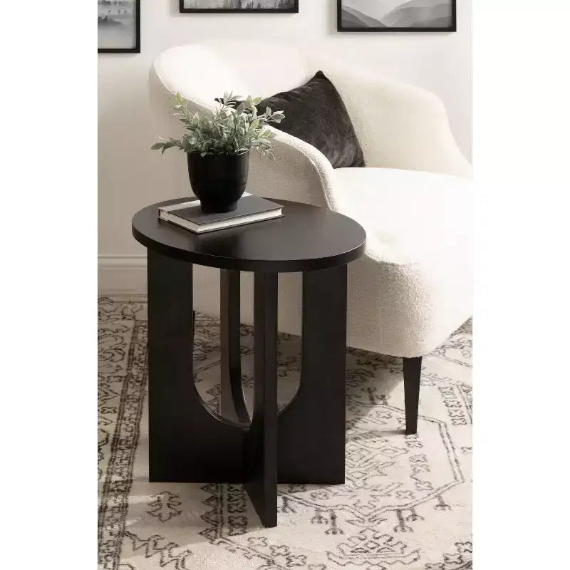 Tavolino Ovale in Legno Massello Bianco/Nero, 1 Pezzo