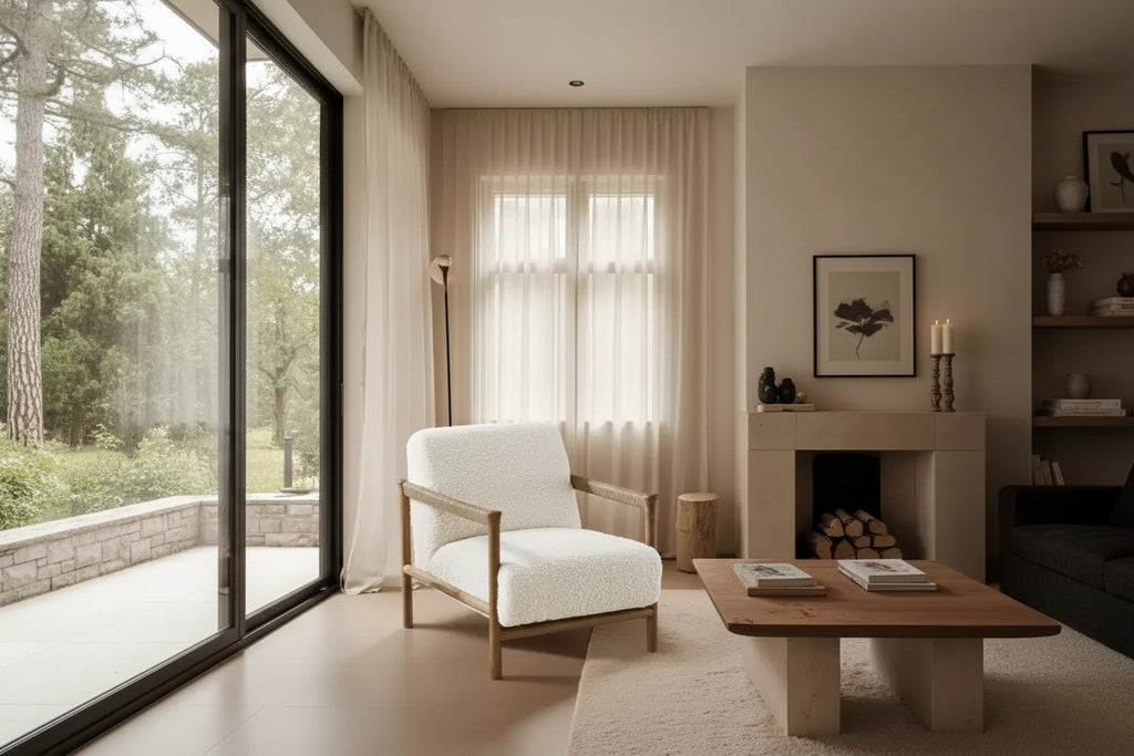 Poltrona accent imbottita bianca con braccioli in corda, struttura in legno di rovere, 1 posto