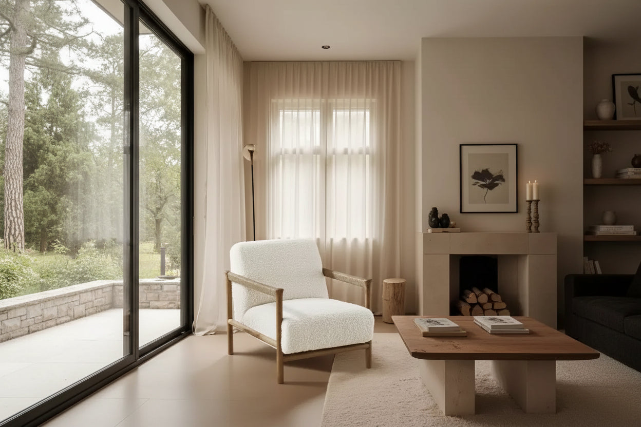 Poltrona accent imbottita bianca con braccioli in corda, struttura in legno di rovere, 1 posto
