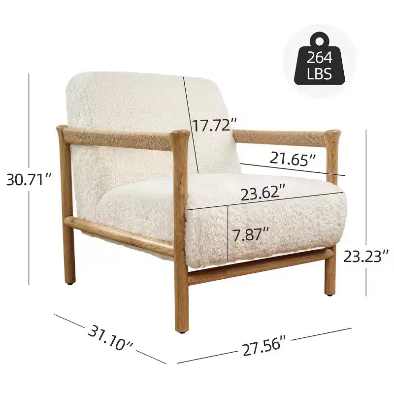 Poltrona accent imbottita bianca con braccioli in corda, struttura in legno di rovere, 1 posto