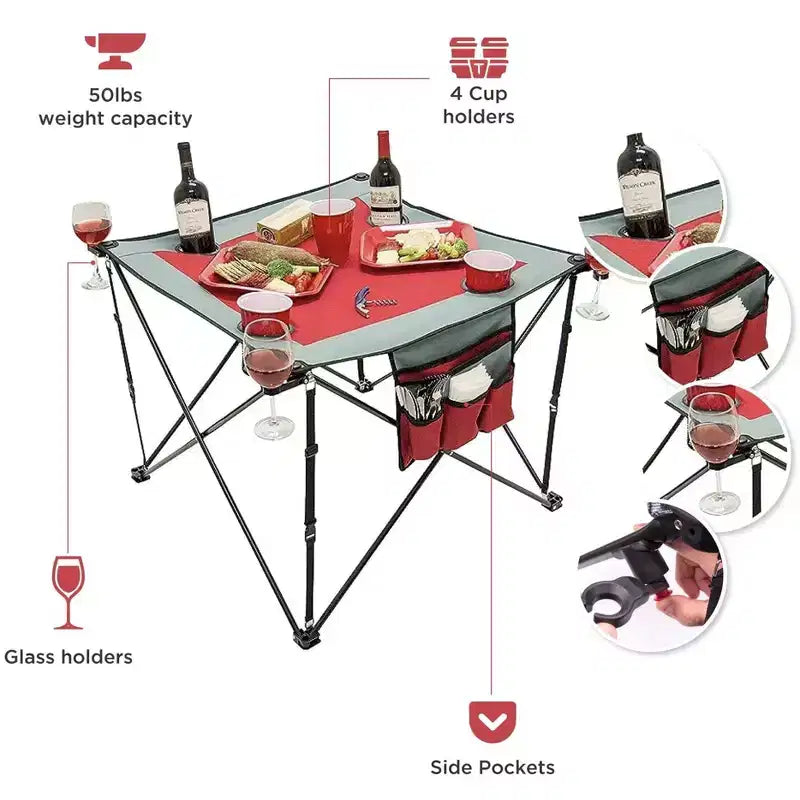 Tavolo da vino portatile pieghevole da esterno blu/rosso con portabicchieri – 4 posti