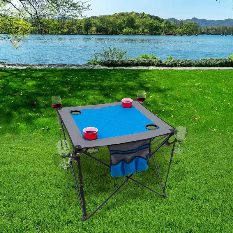 Tavolo da vino portatile pieghevole da esterno blu/rosso con portabicchieri – 4 posti