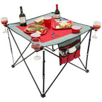 Tavolo da vino portatile pieghevole da esterno blu/rosso con portabicchieri – 4 posti