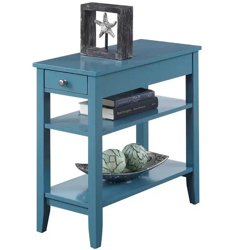 Tavolino blu a 3 ripiani con piano ribaltabile e contenitore nascosto, montaggio per 1 persona