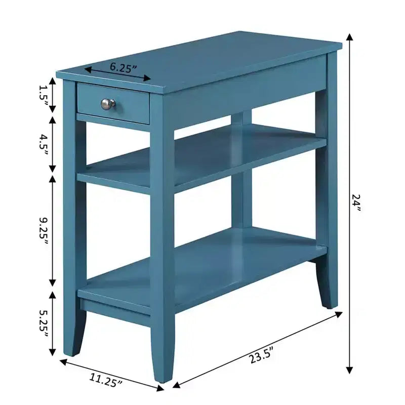 Tavolino blu a 3 ripiani con piano ribaltabile e contenitore nascosto, montaggio per 1 persona
