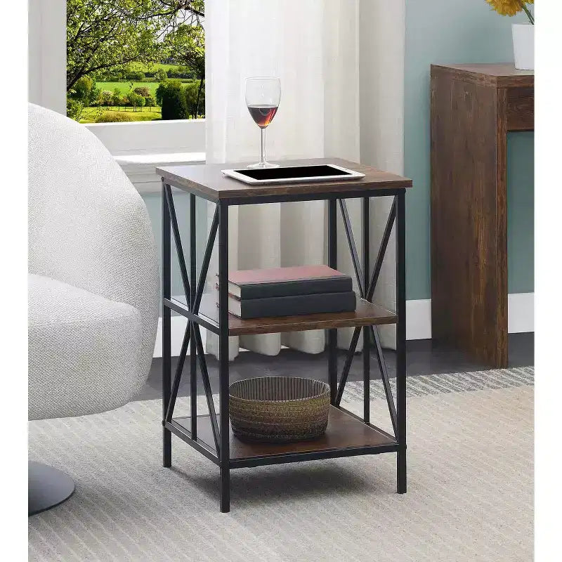 HomeStock Belmont End Table with Three Shelves, Crisscross Metal Frame and Woodgrain Finish, Modern Accent Storage Table for Living Room