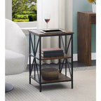 HomeStock Belmont End Table with Three Shelves, Crisscross Metal Frame and Woodgrain Finish, Modern Accent Storage Table for Living Room