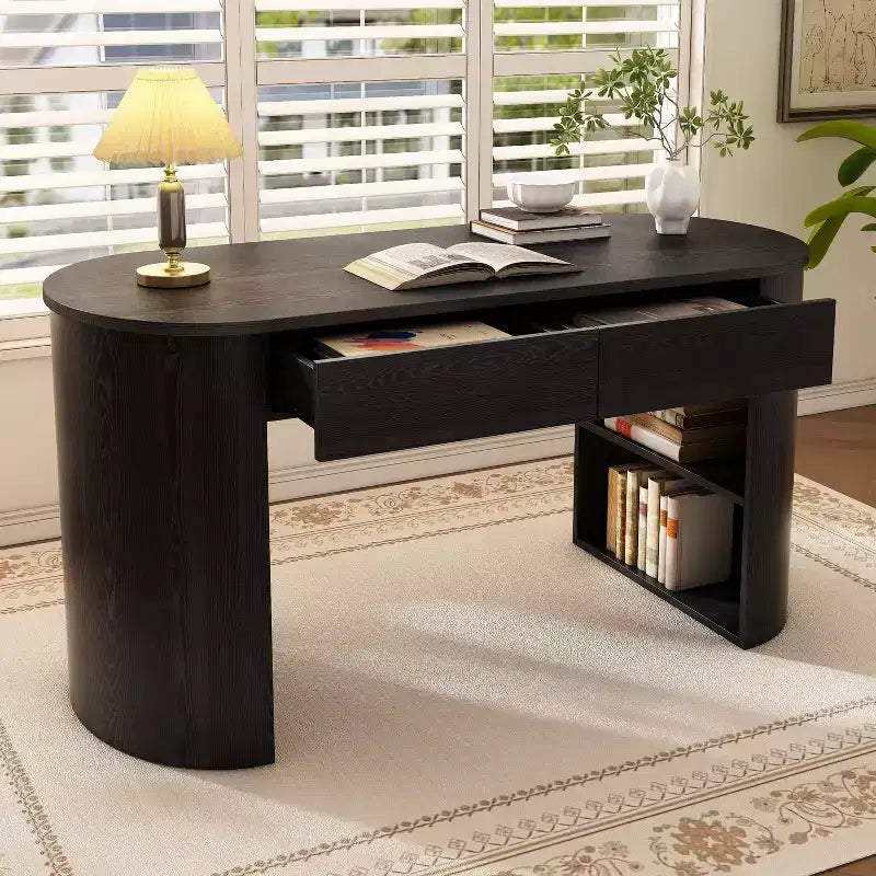 Scrivania moderna in noce nero/scuro con cassetti e mensole, utente singolo
