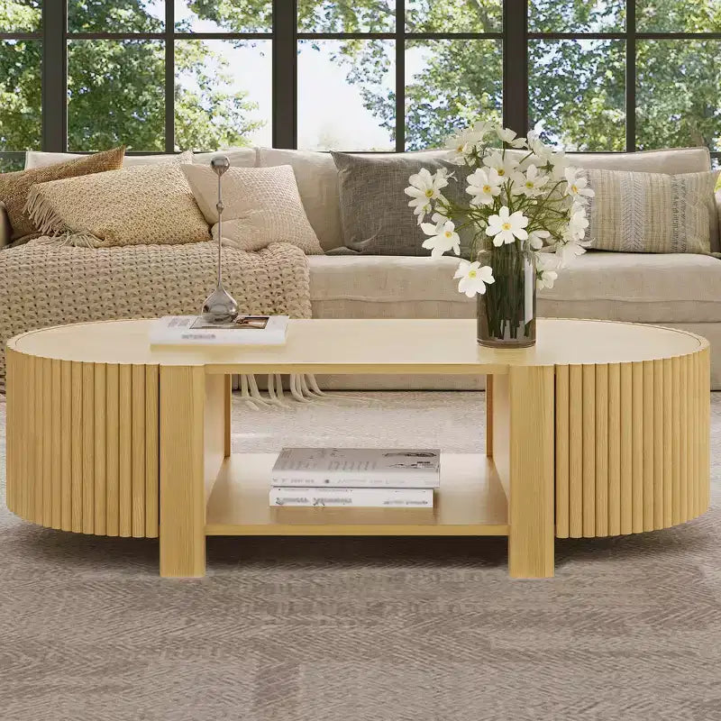 Whisen 360 Rotating Burl Wood Side Coffee Table with 2 Hidden Drawers, Modern Swivel Accent Table