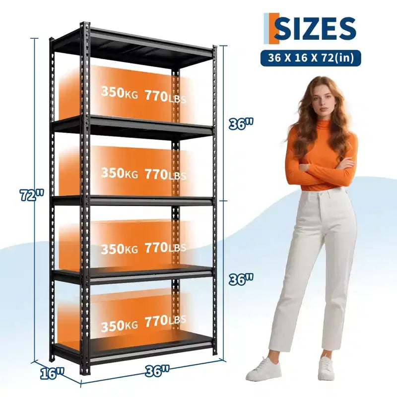 Scaffale componibile in acciaio nero a 5 ripiani, design 2 in 1, uso singolo o diviso