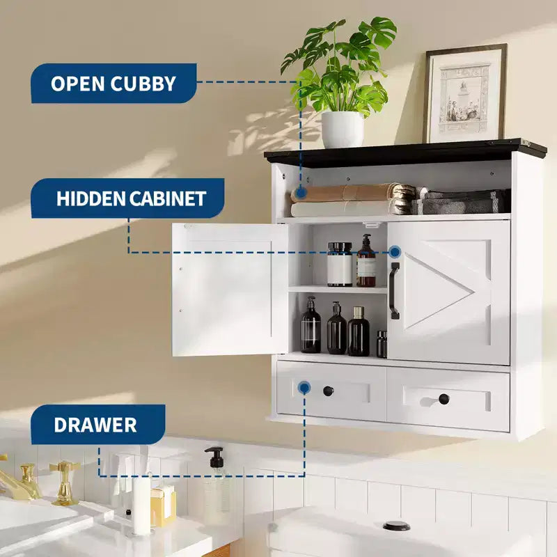 Mobiletto da bagno bianco a parete con ante scorrevoli, ripiano regolabile e cassetto, per 1-2 persone
