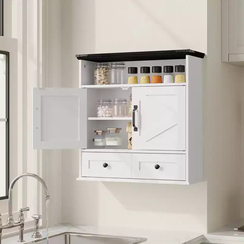 Mobiletto da bagno bianco a parete con ante scorrevoli, ripiano regolabile e cassetto, per 1-2 persone