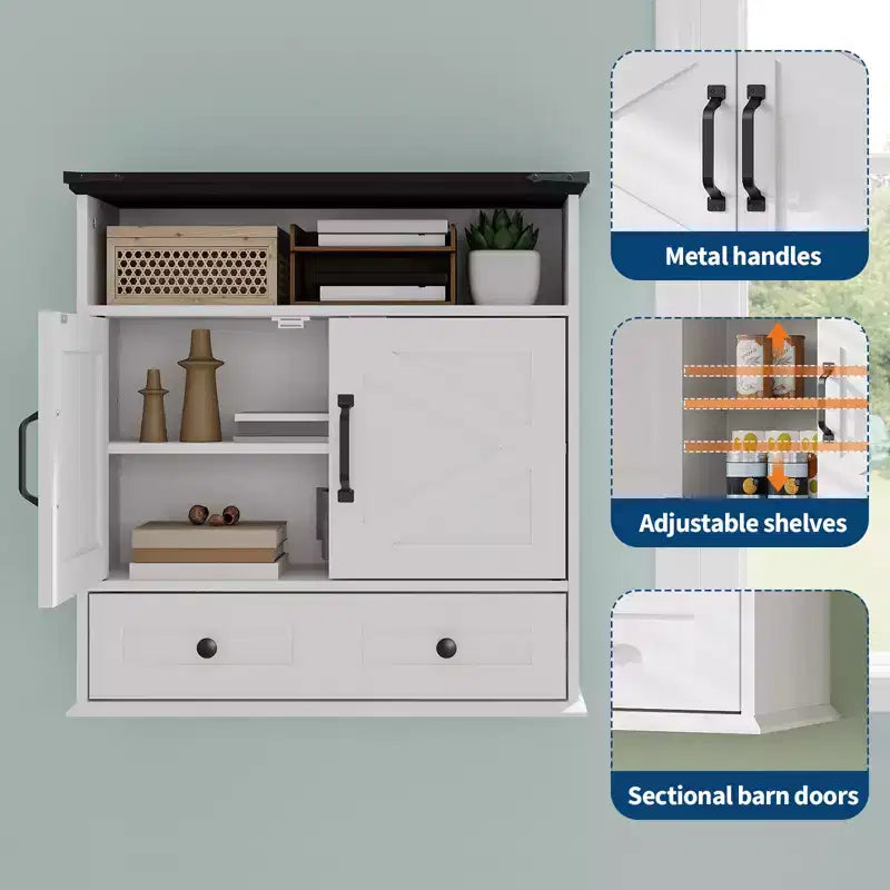 Mobiletto da bagno bianco a parete con ante scorrevoli, ripiano regolabile e cassetto, per 1-2 persone