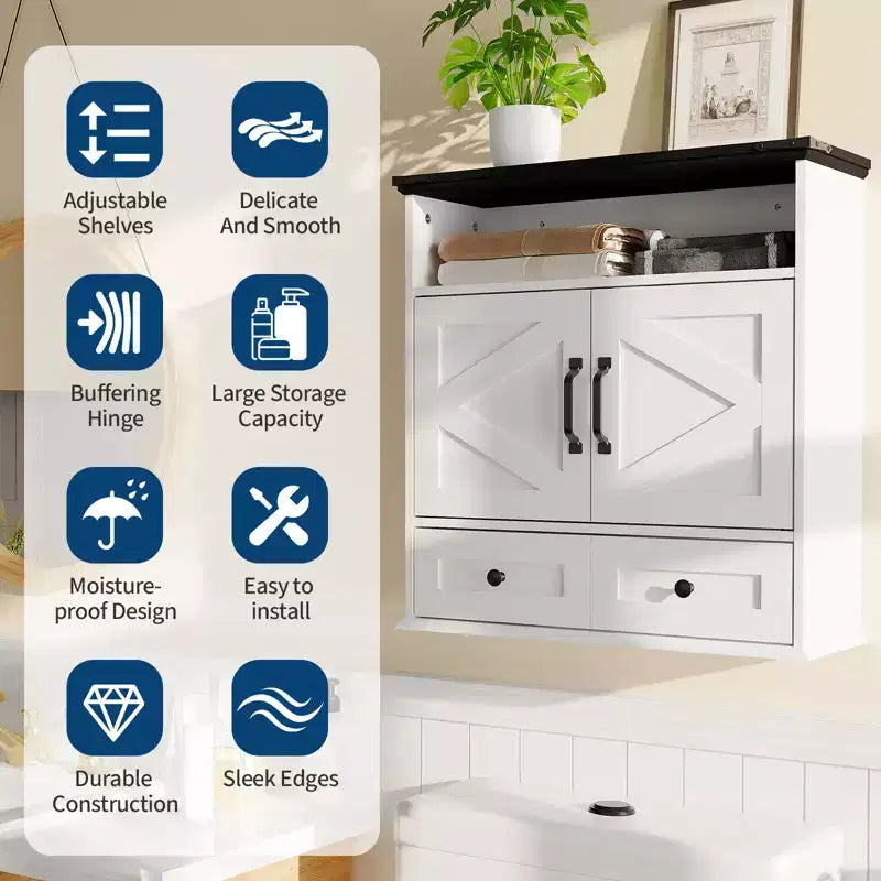 Mobiletto da bagno bianco a parete con ante scorrevoli, ripiano regolabile e cassetto, per 1-2 persone