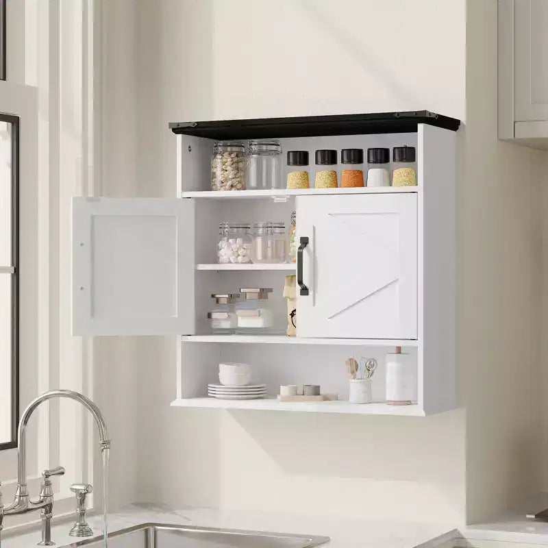 Mobiletto da bagno bianco a parete con ante scorrevoli, ripiano regolabile e cassetto, per 1-2 persone