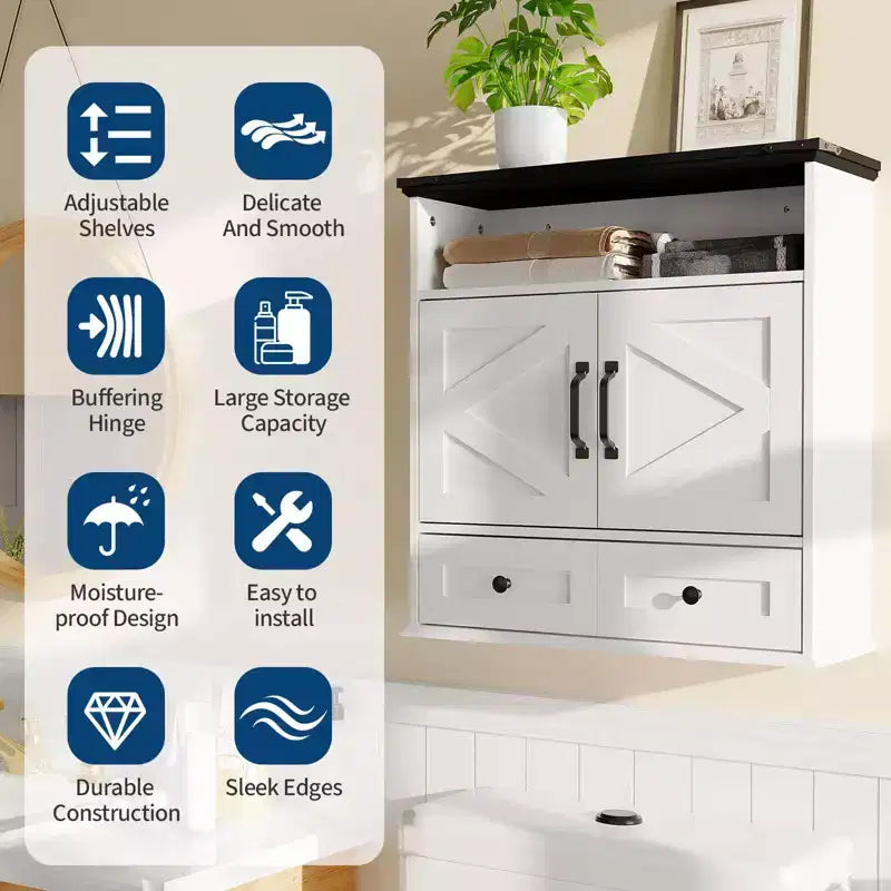 Mobiletto da bagno bianco a parete con ante scorrevoli, ripiano regolabile e cassetto, per 1-2 persone