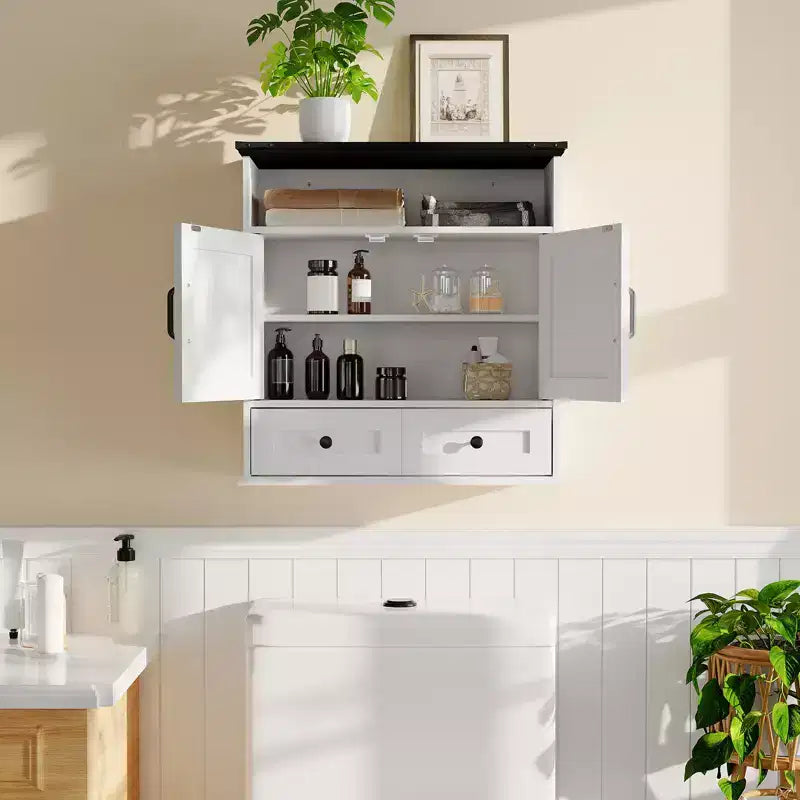 Mobiletto da bagno bianco a parete con ante scorrevoli, ripiano regolabile e cassetto, per 1-2 persone